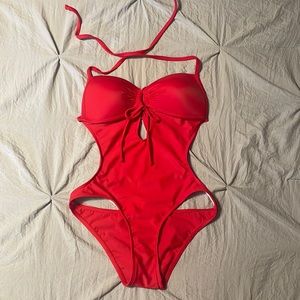 VENUS one piece cut-out red swimsuit. Tie back and halter. EUC